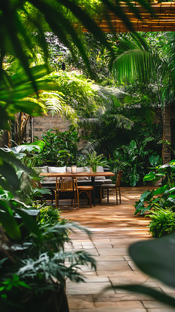 View of a wooden dining table with chairs on a wooden deck, surrounded by lush green tropical foliage, featuring palms, ferns, and dense vegetation in a secluded outdoor space.の素材