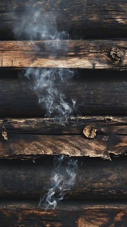 Vertical close-up reveals a textured wall of dark wooden planks, with ethereal white smoke drifting upwards through the crevices, creating a mystical contrast.の素材