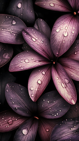 Elegant plum-colored flower petals showcased close-up against a dark background, dotted with glistening raindrops. Captivating floral design displaying nature's beauty and intricate details.の素材