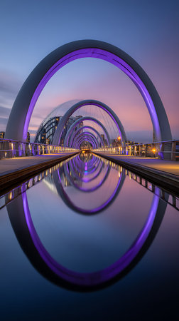 Stunning shot of the Infinity Bridge at dusk, featuring glowing purple arches perfectly mirrored in the calm water beneath. Modern architecture meets tranquil reflection.の素材
