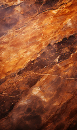 Captivating close-up showcases an abstract marble texture with rich orange and brown hues. Intricate veining creates a visually stunning stone background pattern.の素材