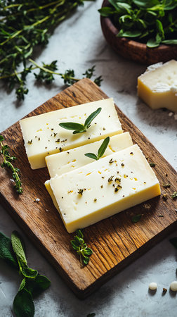 Three slices of creamy cheese are presented on a dark wooden board, garnished with fresh green herbs. Additional cheese and greenery sit on a textured gray surface.の素材