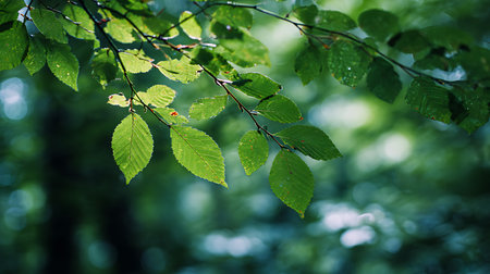 Close-up showcasing vibrant green beech leaves illuminated by sunlight filtering through the forest canopy. Details on leaf structure and vein patterns are visible.の素材