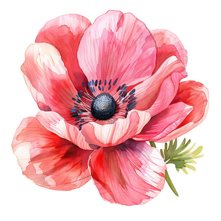 A beautifully detailed watercolor illustration showcases a blooming pink anemone with a striking dark blue center, complemented by delicate green leaves against a white backdrop.の素材