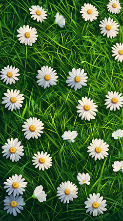 Vivid cartoon depiction featuring many white daisies with golden centers, interspersed with tiny, delicate white flowers, all spread across a lush field of green grass.の素材