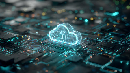 An abstract, tech-focused view showing a digital cloud symbol with a padlock, hovering above a futuristic, illuminated circuit board, representing secured cloud technology.の素材