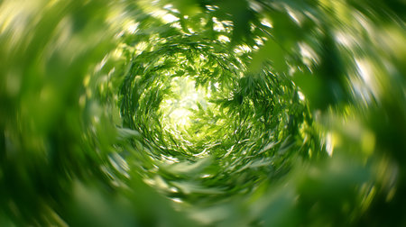 Abstract perspective showcases swirling green ferns converging towards a central point of bright sunlight, generating a blurred dreamlike and almost surreal effect.の素材