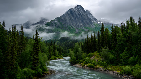 Serene Alaska captures a river flowing towards a sharp, rugged mountain rising from the mist, framed by a lush evergreen forest on a cloudy day.の素材
