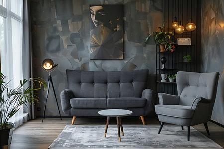 Sophisticated living space featuring a grey sofa, accent chair, round table, and abstract art. Warm Edison bulbs and greenery enhance the room's inviting atmosphere.の素材