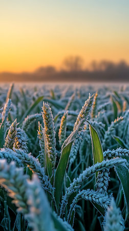 A stunning close-up shows wheat covered in frost, bathed in soft sunrise light. A serene and captivating agricultural landscape at dawn.の素材