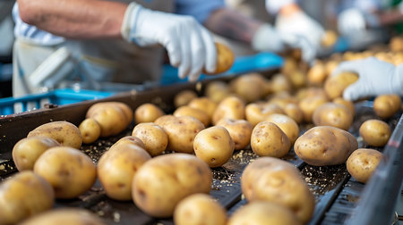 Close-up shot of potatoes moving along a black conveyor belt at a food processing plant, as workers in white gloves sort them. Focus is on the raw potatoes.の素材