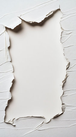 A close-up of torn white paper reveals a blank space within the rough, jagged edges. The textured paper adds depth and dimension, showcasing a minimalist aesthetic.の素材