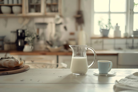 Peaceful kitchen still life showcasing a clear milk pitcher next to a cup of coffee on a saucer, with rising dough on a wooden board and a rustic farmhouse kitchen backdrop.の素材