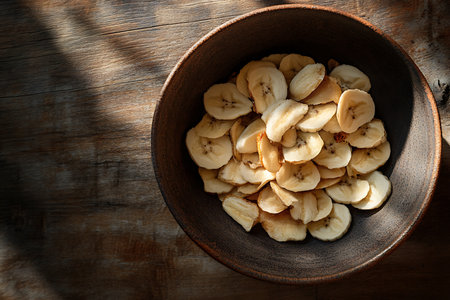 A top-down view reveals banana chips artfully arranged in a rustic, dark brown bowl, set against a textured wooden surface illuminated by sunlight. Healthy, tasty snack concept.の素材