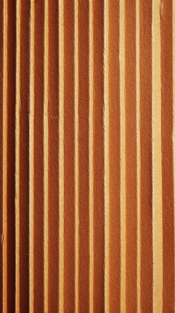 Detailed image featuring close-up of brown corrugated cardboard displaying parallel strips. Perfect for backgrounds, textures, and design elements in your creative projects.の素材