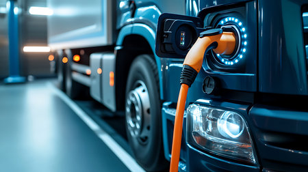 Close-up of a blue electric truck connected to a charging station with an orange cable. The charger indicator displays battery levels surrounded by LED lights.の素材