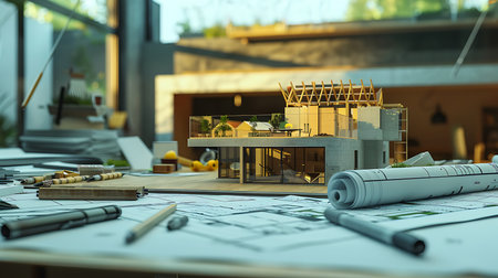 Image shows a detailed architectural model of a modern house, surrounded by rolled-up blueprints, various pencils, and pens, all arranged on a white table in a bright, natural light-filled indoor setting.の素材