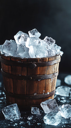 Captivating still life showcasing a wooden bucket filled to the brim with glistening ice cubes. Water droplets cling to the worn wooden texture and the surface below.の素材