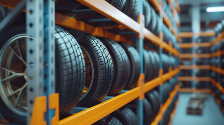Rows of car tires with golden rims neatly placed on blue and orange shelves in a large warehouse, showcasing automotive product inventory and industrial storage solutions.の素材