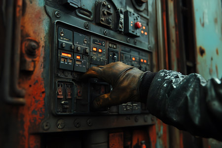 Close-up of a gloved hand manipulating a switch on an old industrial control panel. The panel features several gauges, switches, and a red emergency button. The machine appears aged and weathered.の素材