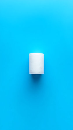 A clean, overhead shot featuring a fresh roll of white toilet paper centered on a vivid blue backdrop. The minimalist composition emphasizes hygiene and simplicity.の素材