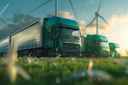 Low-angle shot displays a row of dark green semi trucks parked on a green grassy field with wind turbines rotating in the background on a partly cloudy day.の素材