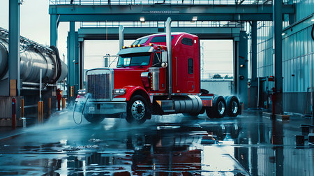 Vivid image of a red semi-truck driving through a large puddle of water, with reflections shimmering on the ground. A large tank sits in the industrial backdrop.の素材