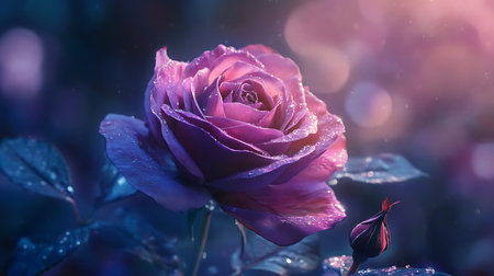 Close-up of a vibrant purple rose glistening with water droplets, accompanied by a small bud, set against a soft, dreamy bokeh background of blues and purples.の素材