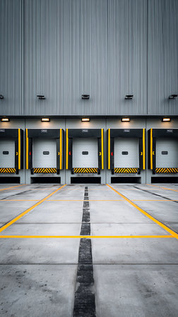 Industrial image displaying five loading docks with closed doors, enhanced by black and yellow safety striping, underneath a gray corrugated metal exterior wall. The ground features yellow lines.の素材
