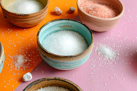 Display shows bowls of white and pink salt on orange and pink backdrop. Ceramic bowls contain different salt types. Loose salt crystals are scattered on the table surface.の素材