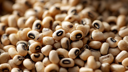 High-resolution close-up showcases a plentiful heap of dried black-eyed peas. The creamy white color and distinct black eye of each bean is clearly visible.の素材