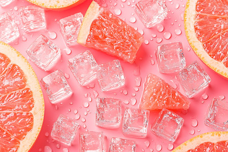 A close-up shows fresh grapefruit segments and ice cubes scattered across a pink backdrop. Condensation droplets add a refreshing touch to the citrusy, cool arrangement.の素材