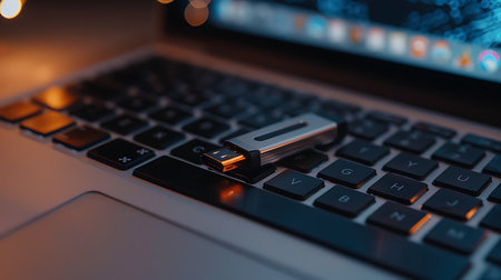 Detailed view captures a silver USB flash drive resting on a laptop keyboard. Keys and reflective surfaces highlight the modern technology, with soft lighting creating depth.の素材