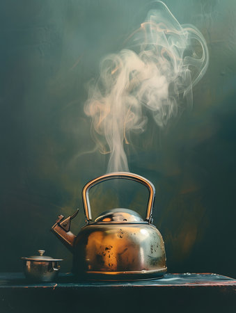 Atmospheric still life captures a vintage kettle releasing steam against a dark background, complemented by a small tea cup and moody lighting on a weathered tabletop.の素材