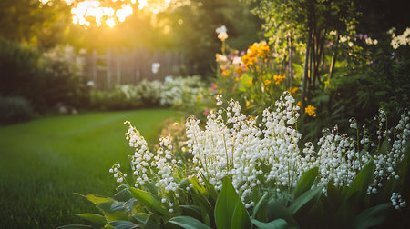 Sunlit garden scene featuring a cluster of blooming Lily of the Valley plants in the foreground with a vibrant green lawn and colorful flowers blurred in the background.の素材
