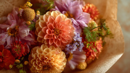Close-up view of a vibrant bouquet featuring peach, orange, lavender dahlias and assorted blooms, artfully wrapped in textured paper. Focus is on colors and floral arrangement.の素材