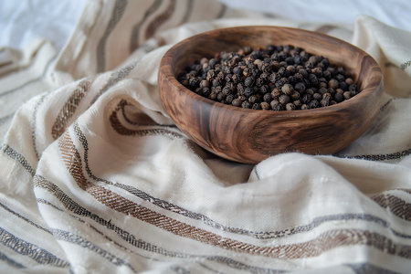 Rustic wooden bowl brimming with dried black peppercorns sits atop a striped white textile. The close-up image highlights textures and colors in both the spice and cloth.の素材