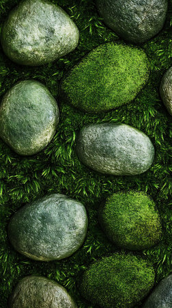 This detailed image showcases a composition of smooth, polished rocks contrasted with vibrant green moss, creating a textured zen garden aesthetic perfect for backgrounds.の素材