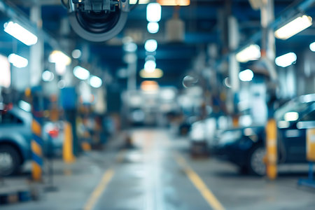 Blurred interior view showcases several cars in a vehicle production plant. Robotic arm, bright lights, and blurred figures populate the busy car manufacturing factory environment.の素材