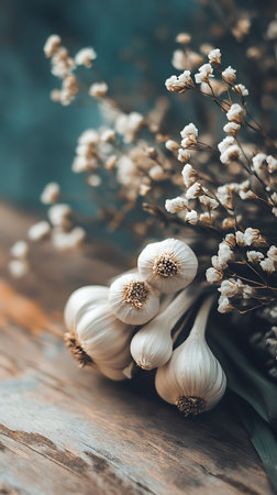 Close-up captures garlic bulbs, their texture highlighted against a backdrop of delicate white flowers. Arranged gracefully on a wooden surface, creating an organic, rustic composition.の素材