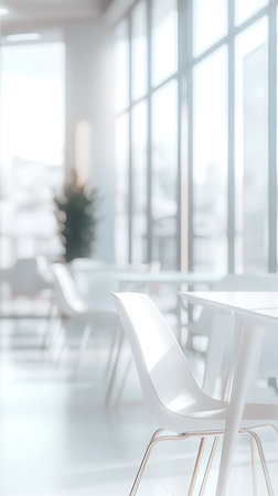 Minimalist office setting showcasing white chairs and tables, with large windows providing ample natural light. Sleek, modern design emphasizes simplicity and brightness.の素材