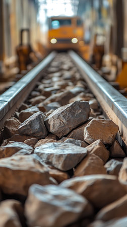 Close-up view of train tracks with ballast rocks and blurred locomotive at the end of the tracks. Focused foreground and blurred background create perspective.の素材