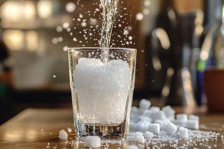 Clear water streams into a drinking glass filled with sugar, overflowing onto a wooden surface scattered with sugar cubes. Splashes add motion to the bright, detailed still.の素材