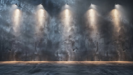 Industrial backdrop featuring a textured gray wall illuminated by four spotlights creating a stage-like ambiance. Smooth concrete floor reflects the warm lighting upwards.の素材
