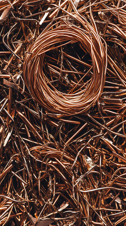 Detailed close-up showcases a spiraled copper wire coil resting atop scattered fragments of scrap metal. The copper gleams with a reflective, metallic sheen, highlighting textures.の素材