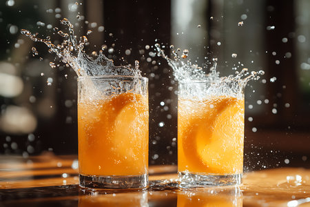 Two refreshing orange beverages with citrus garnish create a dynamic splash effect on a reflective surface. Water droplets accentuate the drink's vibrancy and motion in mid-air.の素材