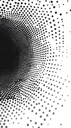 A dynamic image showcasing an abstract halftone pattern featuring black dots on a white backdrop. The pattern creates a gradient effect, with dots varying in size.の素材