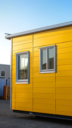 Exterior view of a vibrant yellow modular building featuring two windows with white frames set against a clear blue sky backdrop, showing the structure's construction detail.の素材