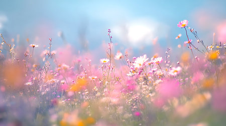 A sun-kissed meadow filled with blooming daisies in shades of pink and white against a blurred, soft blue sky. Delicate flowers sway gently, evoking serenity and tranquility.の素材