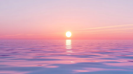 Captivating minimalist view features calm ocean waters mirroring pastel pink sunset sky. Sun's bright reflection creates stunning visual effect. Serene landscape offers tranquil aesthetic.の素材